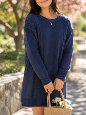 NWT Hem & Thread Navy Cotton Blend Knit Sweater Dress | Cable Detail Long Sleeve